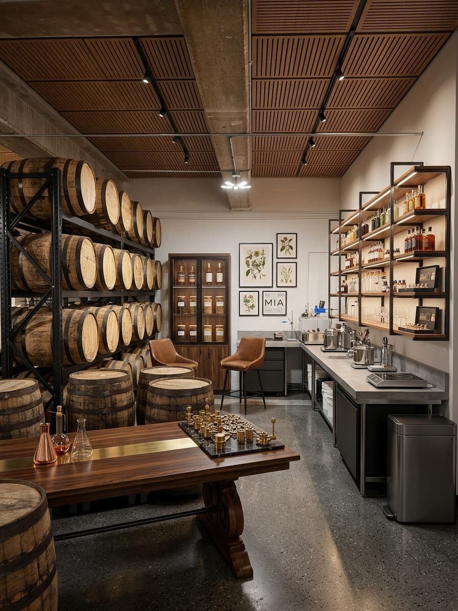 Small rum barrels and tasting equipment inside the Little River Distillery lab