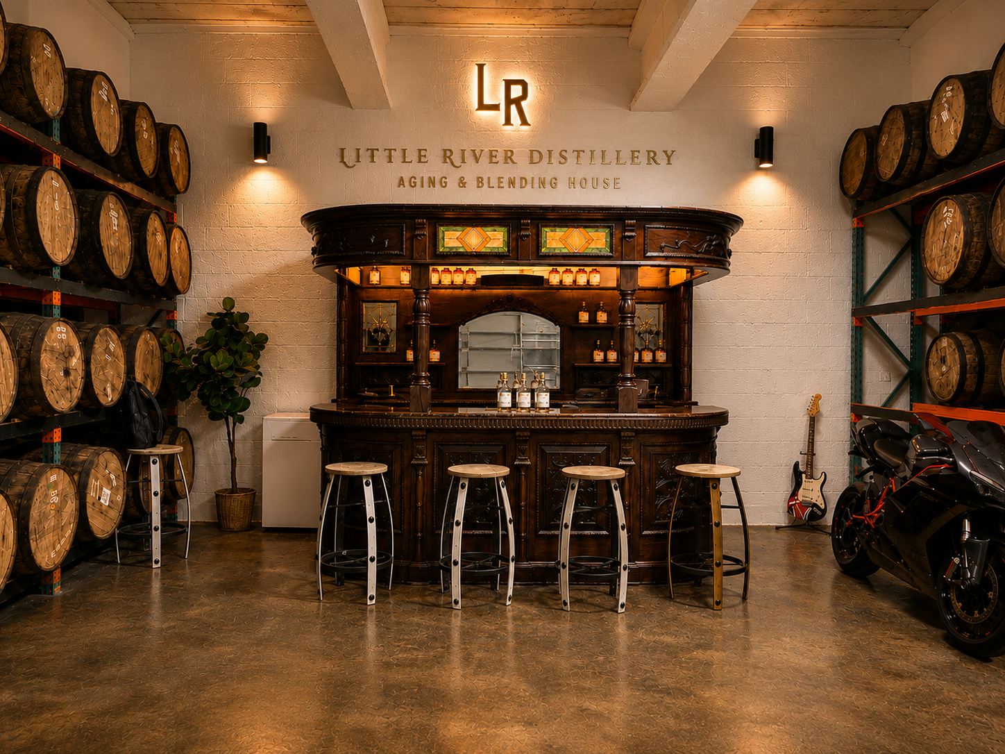 The Little River tasting bar framed by aging barrels